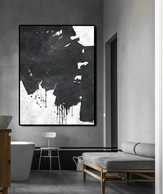 Large Abstract Wall Art,Black And White Minimal Painting On Canvas - Acrylic On Canvas Abstract
